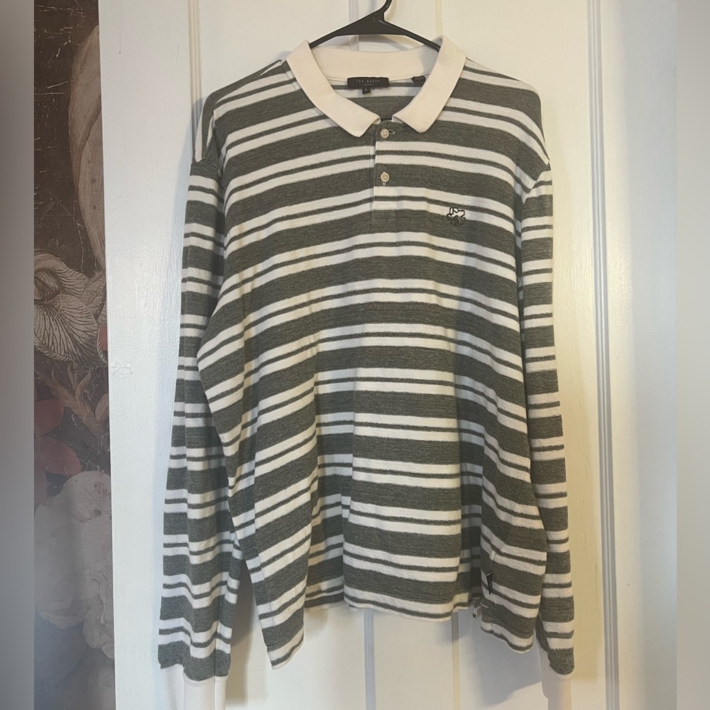Ted Baker London Stamhil Cotton Long Sleeve Stripe Polo in Grey/Green